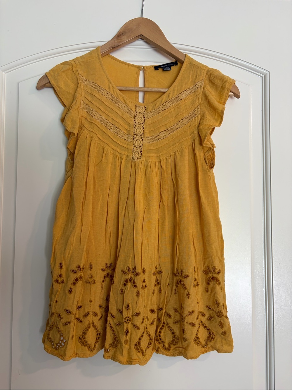 American Eagle Women’s Mustard Yellow Embroidered Babydoll Boho Flowy Size S